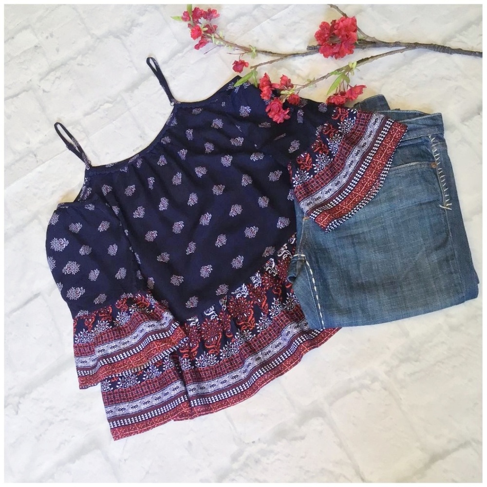 LAST 1 ❗SKIES ARE BLUE Boho Navy Cold Shoulder Top - Picture 5 of 8